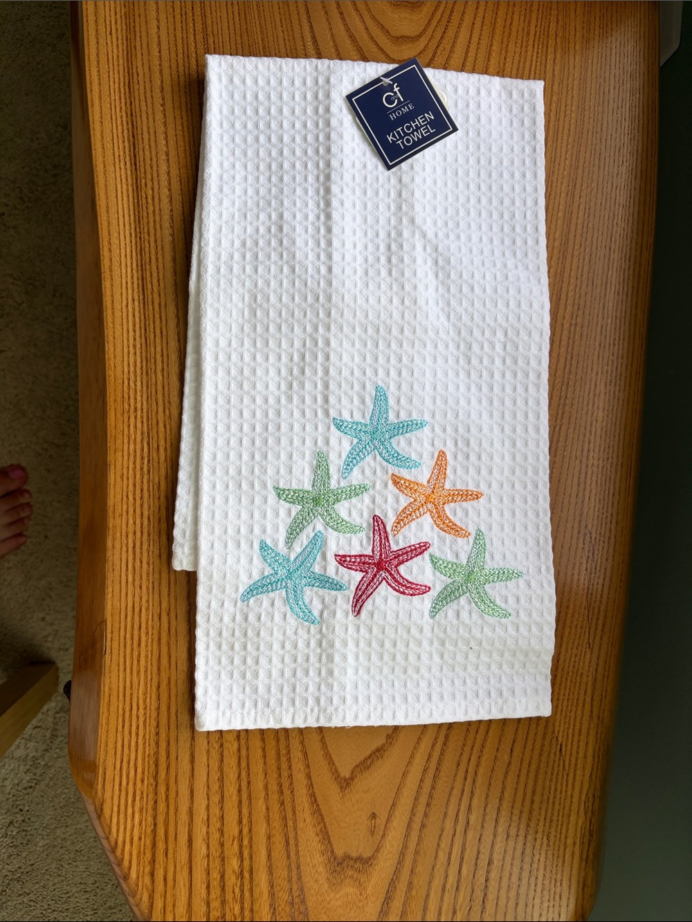 CF Home White Waffle Kitchen Towel with Colorful Starfish Embroidery